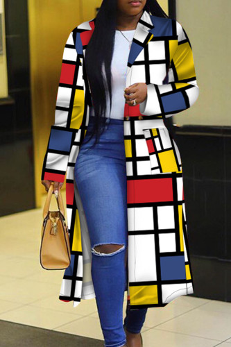 Yellow Red Casual Color Block Patchwork Pocket Buckle Cardigan Collar Outerwear