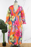 Robe imprimée à col en V et patchwork floral élégant Tangerine, robes de grande taille