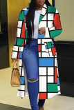 Geelzwart casual kleurblok patchwork zakgesp vestkraag bovenkleding