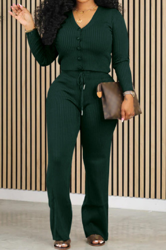 Ink Green Casual Solid Basic V Neck Long Sleeve Two Pieces