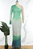 Vestidos verdes atractivos elegantes del vestido del remiendo del cambio gradual de un hombro impreso