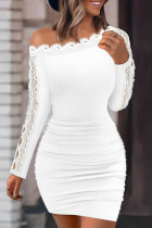 Witte casual effen patchwork jurken met schuine kraag en lange mouwen