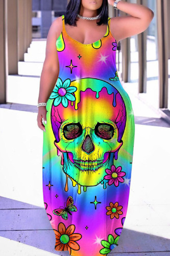 Colour Sexy Casual Print Backless Spaghetti Strap Long Dress Dresses
