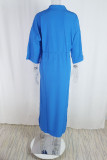Blauwe casual effen frenulum split v-hals lange jurk jurken