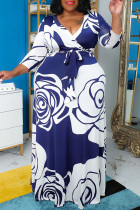 Сине-белое повседневное длинное платье с уздечкой и V-образным вырезом Платья больших размеров