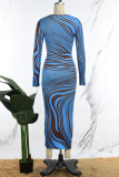 Blaue Promi-Kleider mit Streifen, Patchwork, Reißverschluss, O-Ausschnitt, bedruckt