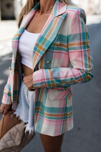 Pink Casual Plaid Cardigan Turndown Collar Outerwear
