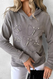 Grå Casual Butterfly Patchwork Pearl Hooded Collar Tops