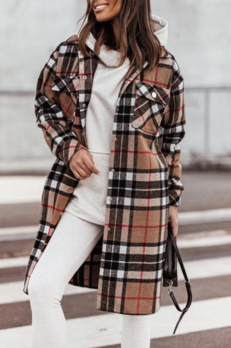 Coffee Casual Plaid Cardigan Turndown Collar Outerwear
