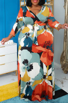 Mehrfarbiges, lässiges, bedrucktes Frenulum-Langkleid mit V-Ausschnitt und Kleider in Übergröße