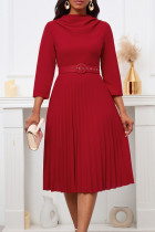 Rode elegante effen patchwork met riem geplooide O-hals A-lijn jurken