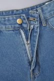 Bebê azul rua sólido rasgado retalhos bolso botões zíper cintura alta jeans reto