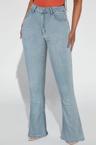 Hellblaue, lässige, einfarbige, bestickte Jeans mit hoher Taille und normaler Passform