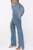 Jeans in denim con taglio a stivale a vita media con bottoni patchwork strappati solidi blu Street