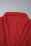 Patchwork solide élégant rouge avec ceinture plissée col rond robes trapèze