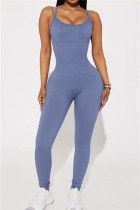 Blue Sexy Casual Sportswear Solid Backless Spaghetti Strap Skinny Jumpsuits