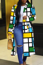 Бирюзовый повседневный цветной блок Лоскутная верхняя одежда с карманом и пряжкой Кардиган с воротником