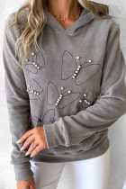 Grå Casual Butterfly Patchwork Pearl Hooded Collar Tops