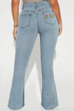 Голубые повседневные однотонные джинсы из обычного денима с высокой талией и вышивкой