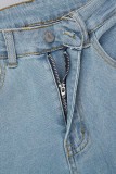 Lichtblauwe casual effen geborduurde normale denim jeans met hoge taille