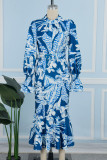 Vestidos de vestido estampado azul pavão elegante patchwork com zíper e gola redonda