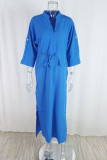 Blue Casual Solid Frenulum Slit V Neck Long Dress Dresses