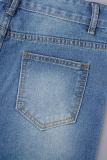 Babyblauw straat effen gescheurd patchwork zakknopen rits hoge taille rechte denim jeans