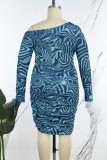 Blue Sexy Print Bandage Patchwork Fold Oblique Collar Printed Dress Plus Size Dresses