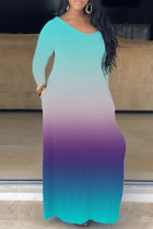 ブルーパープルカジュアルプリントベーシックVネックロングドレスドレス