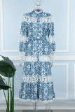 Blauwe elegante print kant uitgeholde patchwork halve coltrui A-lijn jurken