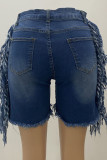 Azul escuro casual sólido borla rasgado retalhos bolso botões zíper cintura alta saias jeans regulares