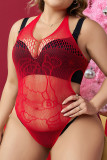 Red Sexy Living Solid Hollowed Out See-through Plus Size Sleepwear