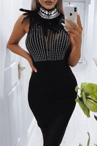 Black Sexy Formal Patchwork See-through Feathers Hot Drill Turtleneck Wrapped Skirt Dresses