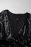 Robe longue noire sexy en patchwork de paillettes fendue à col en V, robes de grande taille
