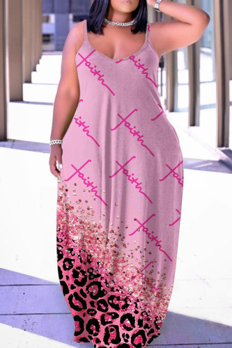 ピンク セクシー カジュアル レター プリント バックレス スパゲッティ ストラップ ロング ドレス ドレス