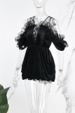Zwarte sexy casual effen uitgeholde rugloze jurk met V-hals en korte mouwen