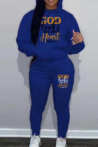 Blue Casual Letter Print Hooded Collar Long Sleeve Sweatshirt And Draw String Pocket Pants Sportwear Two Piece Jogger Set