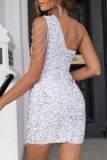 White Sexy Patchwork Tassel Hollowed Out Sequins Oblique Collar Sleeveless Dress Dresses