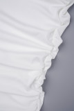 Weiße, sexy, solide Patchwork-Kleider mit durchsichtigem, gefaltetem, perlenbesetztem V-Ausschnitt und Wickelrock