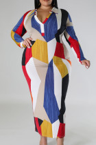 ロイヤルブルー カジュアル カラーブロック パッチワーク ターンダウンカラー プリント ドレス プラスサイズ ドレス