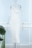 Vestido sin mangas con cuello oblicuo y pliegue sin espalda ahuecado liso informal sexy blanco Vestidos