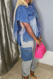 Blaue Street Solid Patchwork-Schnalle mit Umlegekragen, ärmellose, lockere Jeansjacke