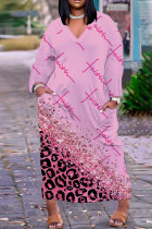 Vestido largo con cuello en V y patchwork con estampado informal rosa Vestidos