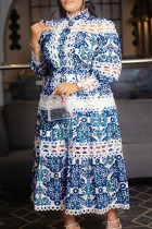 Синие элегантные кружевные платья с принтом в стиле пэчворк и полуводолазкой трапециевидной формы