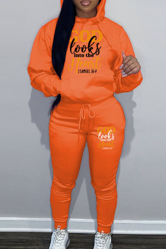 Orange Casual Letter Print Hooded Collar Long Sleeve Sweatshirt And Draw String Pocket Pants Sportwear Two Piece Jogger Set