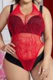 Red Sexy Living Solid Hollowed Out See-through Plus Size Sleepwear