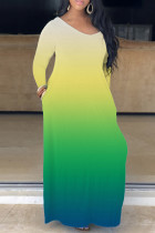 Groen Geel Casual print Basic V-hals Lange jurk Jurken