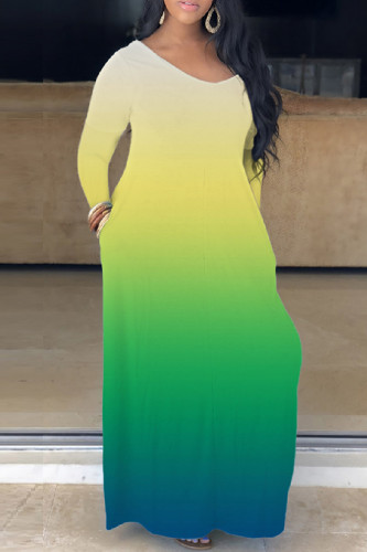 Green Yellow Casual Print Basic V Neck Long Dress Dresses