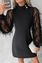 Черные сексуальные однотонные платья в стиле пэчворк с кисточками и круглым вырезом с длинными рукавами
