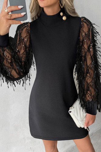 Black Sexy Solid Tassel Patchwork Buttons O Neck Long Sleeve Dresses